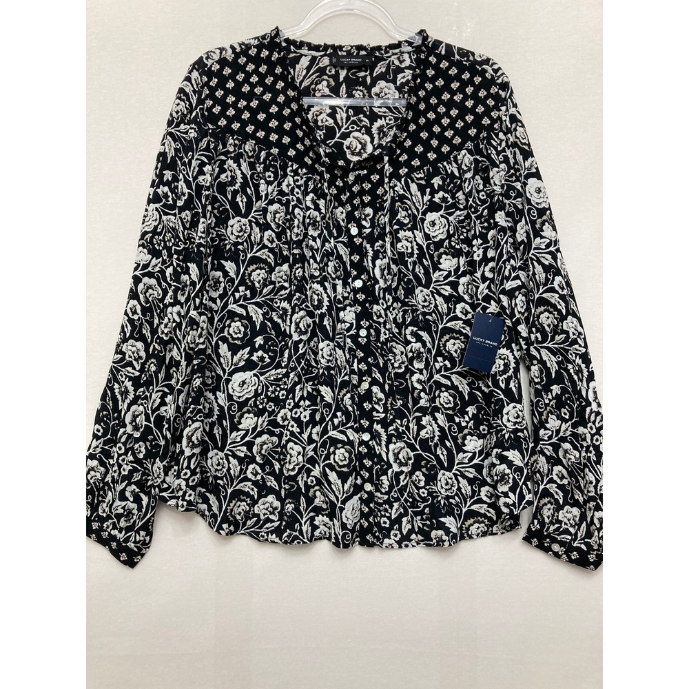 NWT Lucky Brand Button Down Size XL Black White Floral Boho Ruffle V-Neck Casual